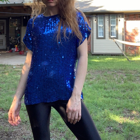 Vintage 80s blue Sequin Blouse - Picture 5 of 9